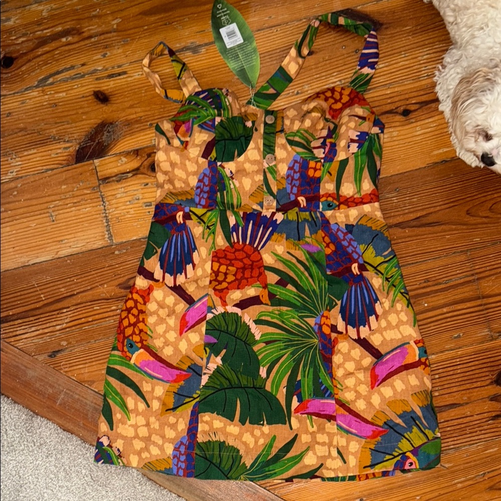 FARM RIO - Tropical Parrot Printed Sundress in Mustard & Green